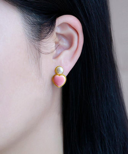 Cute Pink Sterling Silver Overgild Love Pearl Stud Earrings TX036