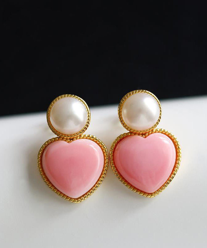 Cute Pink Sterling Silver Overgild Love Pearl Stud Earrings TX036