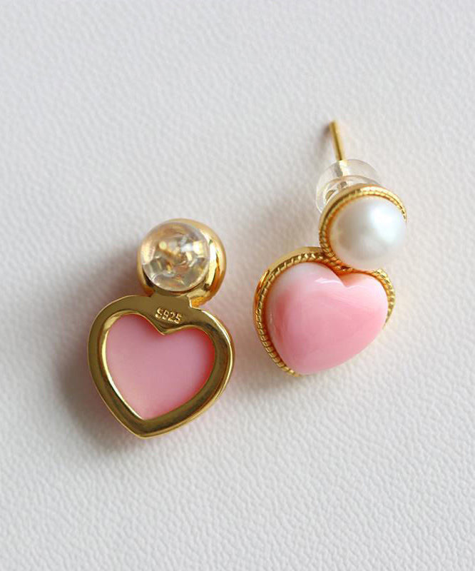 Cute Pink Sterling Silver Overgild Love Pearl Stud Earrings TX036