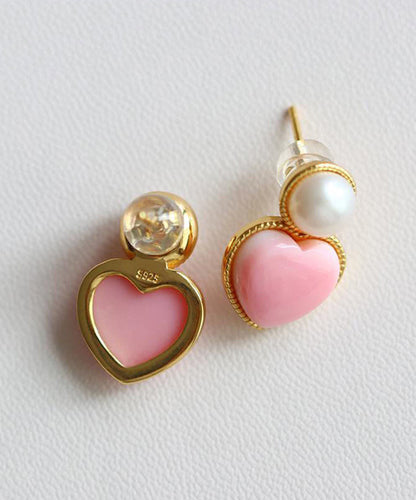 Cute Pink Sterling Silver Overgild Love Pearl Stud Earrings TX036