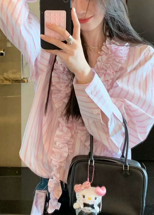 Pink Spring V Shirts Ruffled Cute Striped Neck