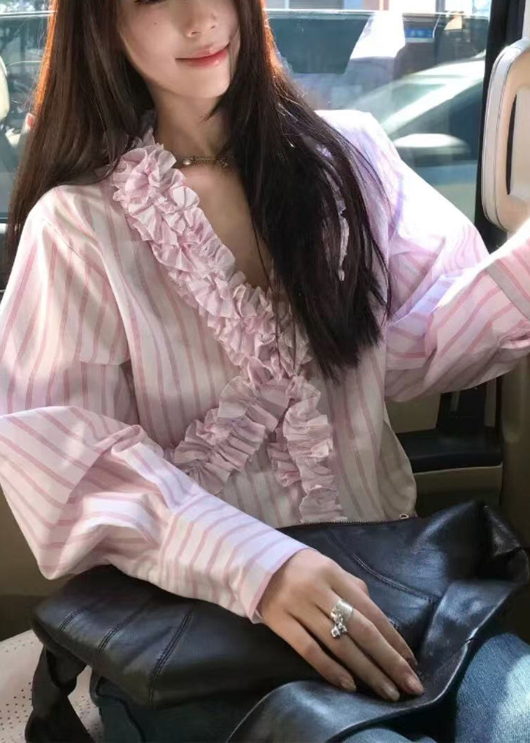 Pink Spring V Shirts Ruffled Cute Striped Neck