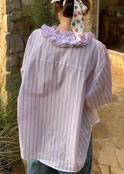 Pink Spring V Shirts Ruffled Cute Striped Neck