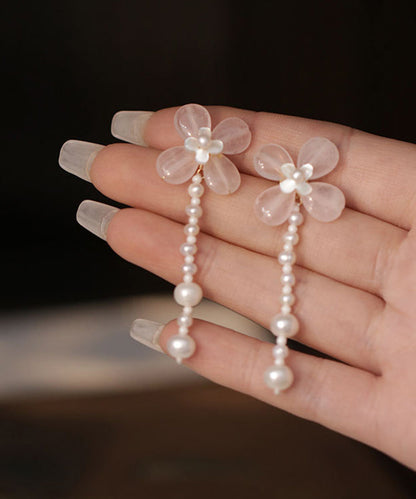 Cute Pink Weave Crystal Pearl Tassel Drop Earrings QI054