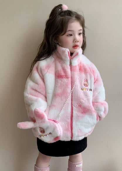 Cute Purple Stand Collar Embroideried Zippered Kids Mink Velvet Coats WinterTG028