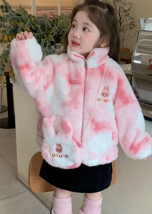 Cute Purple Stand Collar Embroideried Zippered Kids Mink Velvet Coats WinterTG028
