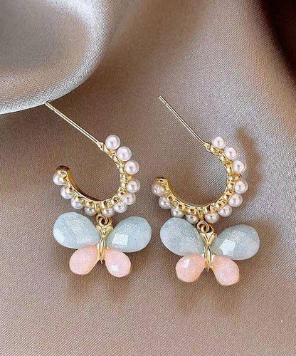 Rainbow Butterfly Hoop Cute Earrings Pearl Alloy