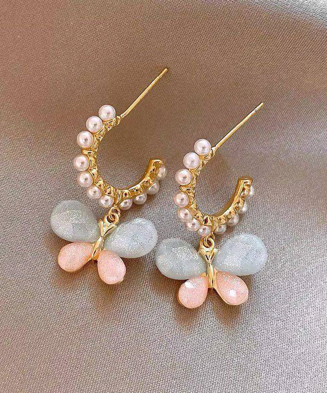 Rainbow Butterfly Hoop Cute Earrings Pearl Alloy