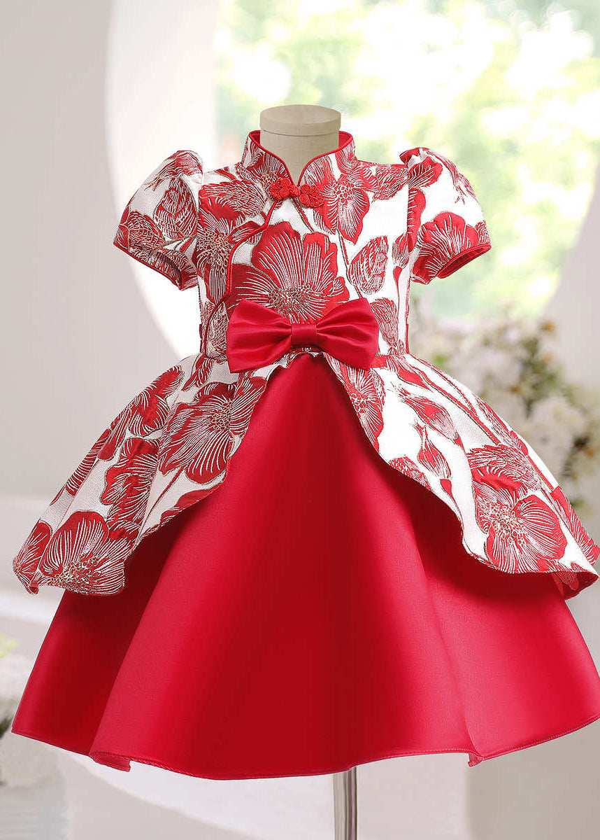 Red Short Cute Sleeve Asymmetrical Bow Kids Maxi Print Dress