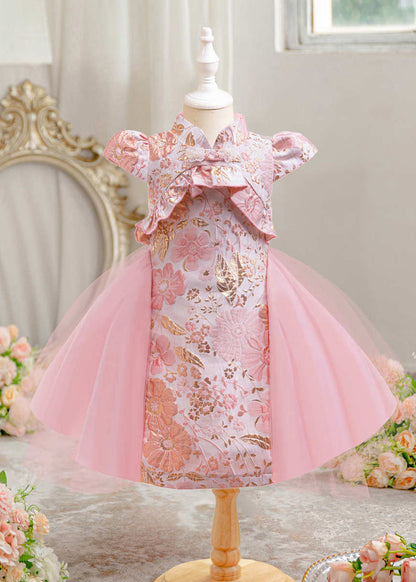 Red Short Cute Sleeve Asymmetrical Bow Kids Maxi Print Dress