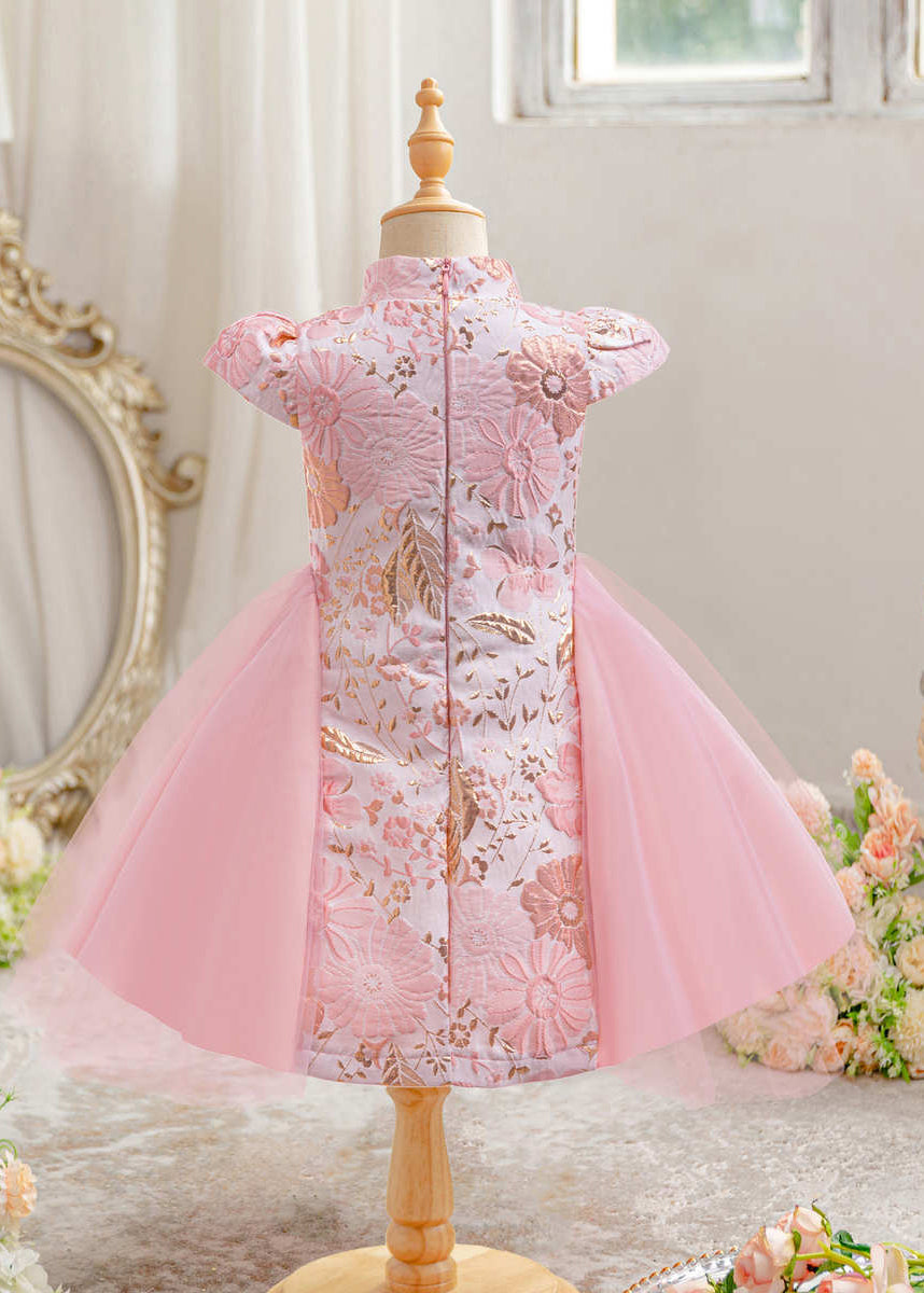 Red Short Cute Sleeve Asymmetrical Bow Kids Maxi Print Dress