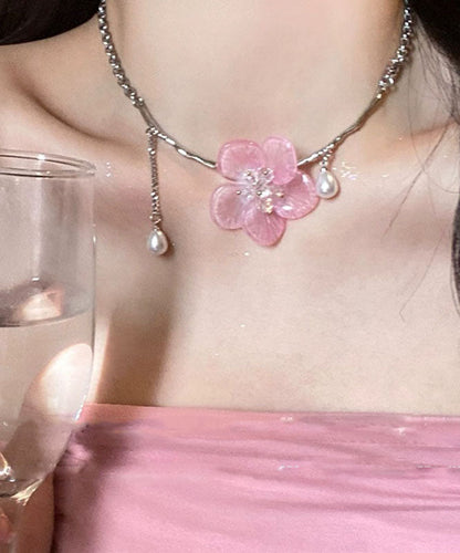 Cute Retro Pink Stainless Steel Pearl Floral Tassel Pendant Necklace YA015