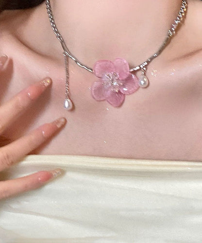 Cute Retro Pink Stainless Steel Pearl Floral Tassel Pendant Necklace YA015