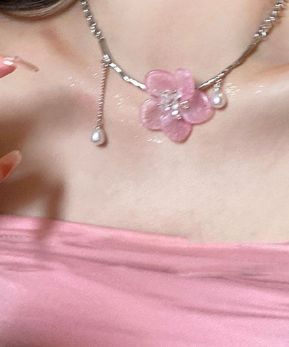 Cute Retro Pink Stainless Steel Pearl Floral Tassel Pendant Necklace YA015