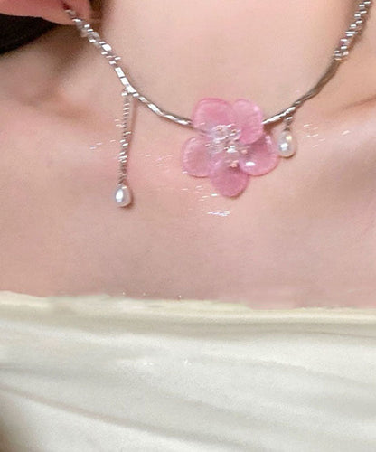 Cute Retro Pink Stainless Steel Pearl Floral Tassel Pendant Necklace YA015