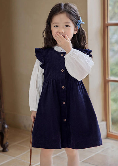 Cute Ruffled Patchwork Girls Long Dress And Shirts Two Pieces Set Puff Sleeve TR017