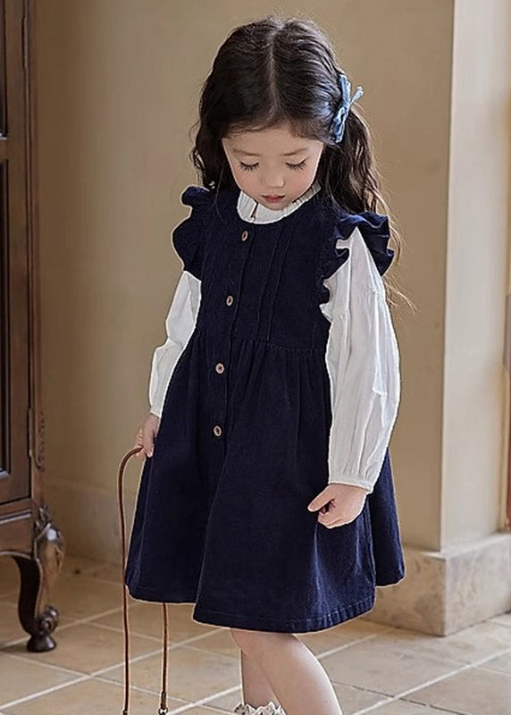 Cute Ruffled Patchwork Girls Long Dress And Shirts Two Pieces Set Puff Sleeve TR017