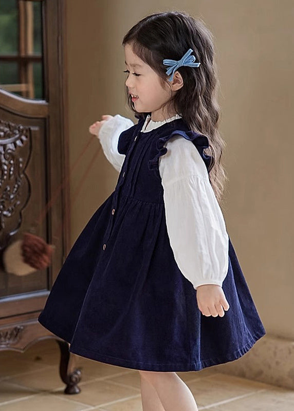 Cute Ruffled Patchwork Girls Long Dress And Shirts Two Pieces Set Puff Sleeve TR017