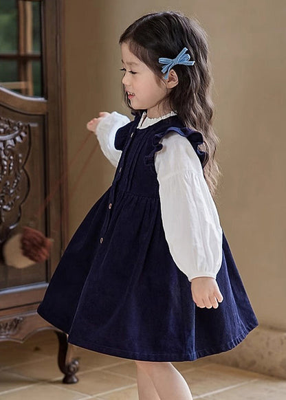 Cute Ruffled Patchwork Girls Long Dress And Shirts Two Pieces Set Puff Sleeve TR017