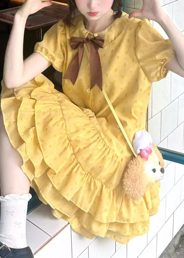 Patchwork Ruffled Mid Cotton Dresses Yellow Cute Summer