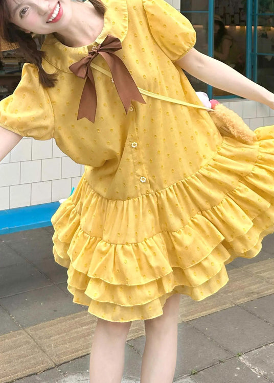 Patchwork Ruffled Mid Cotton Dresses Yellow Cute Summer