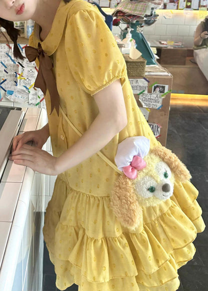 Patchwork Ruffled Mid Cotton Dresses Yellow Cute Summer