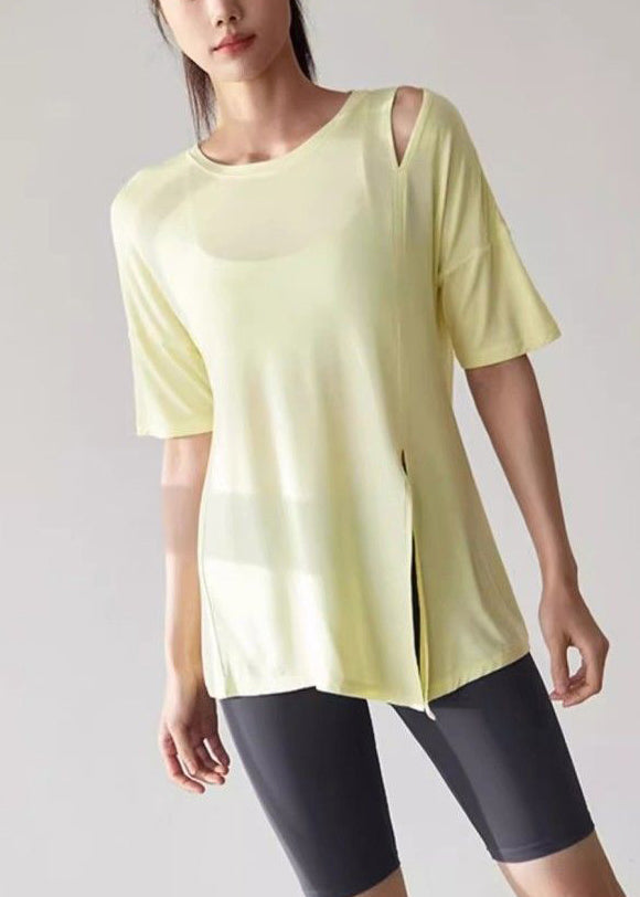Tank Yellow Cute Open Side Short Yoga Sleeve Tops