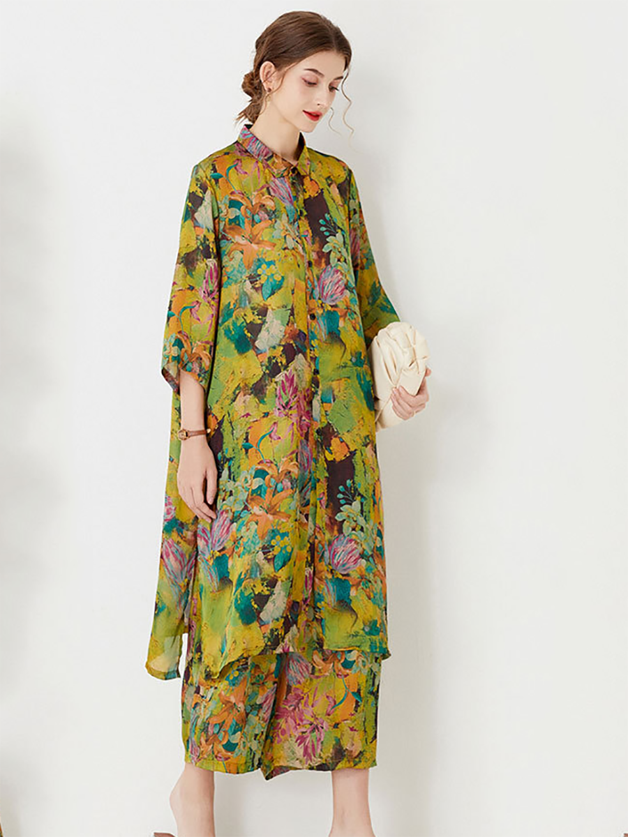 Plus Size Women Artsy Ornate Floral Button Loose Long Suits LL026