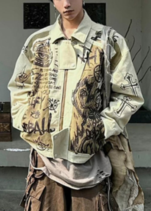 Fall Patchwork Cotton Coats Print Mens Men Apricot DIY