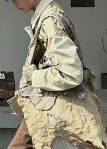 Fall Patchwork Cotton Coats Print Mens Men Apricot DIY