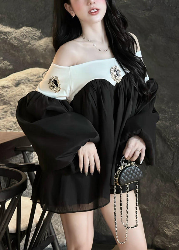 DIY Black Cold Shoulder Patchwork Cotton Blouse Top Spring YF025