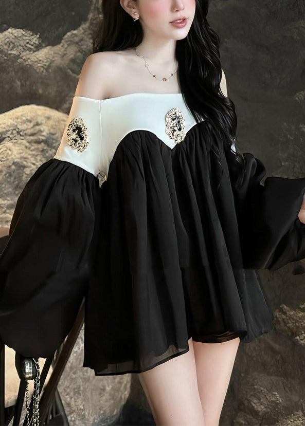 DIY Black Cold Shoulder Patchwork Cotton Blouse Top Spring YF025