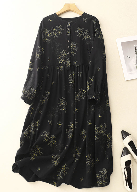 Print Maxi Spring Linen DIY Dresses Black Oversized