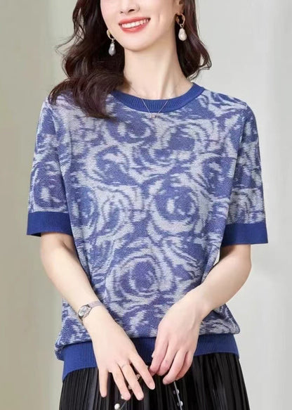 Summer O-Neck DIY Knit Print Top Blue