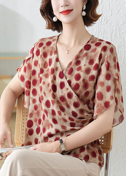 Shirts Print Red Brick DIY Chiffon Summer Asymmetrical