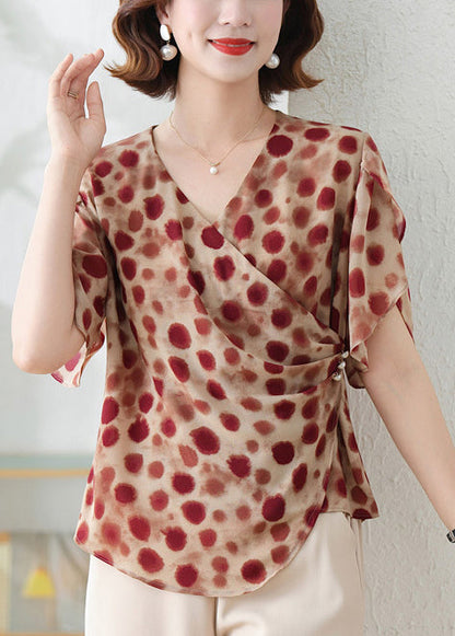 Shirts Print Red Brick DIY Chiffon Summer Asymmetrical