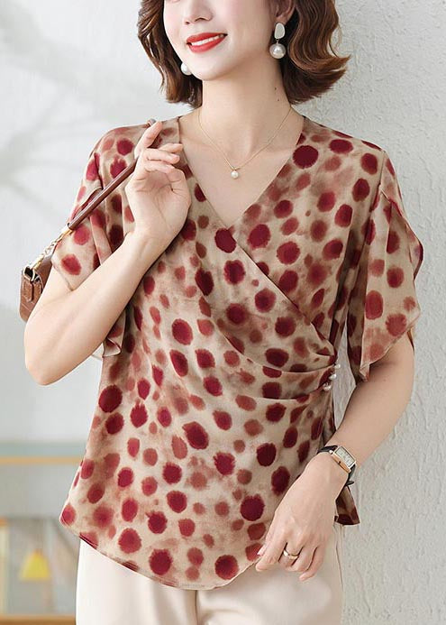 Shirts Print Red Brick DIY Chiffon Summer Asymmetrical