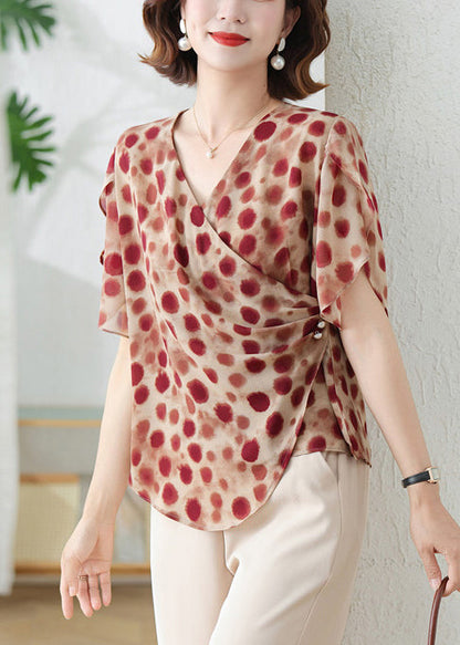 Shirts Print Red Brick DIY Chiffon Summer Asymmetrical