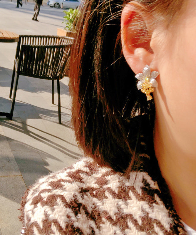 DIY Floral Stud Zircon Earrings Crystal Colorblock Alloy