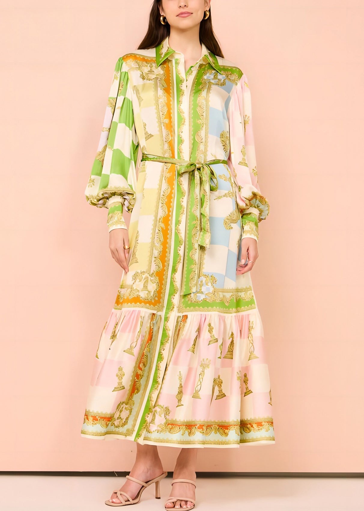 Tie Button DIY Maxi Green Dress Lantern Collar Peter Pan Waist