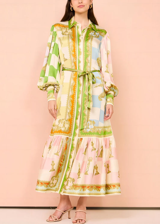 Tie Button DIY Maxi Green Dress Lantern Collar Peter Pan Waist