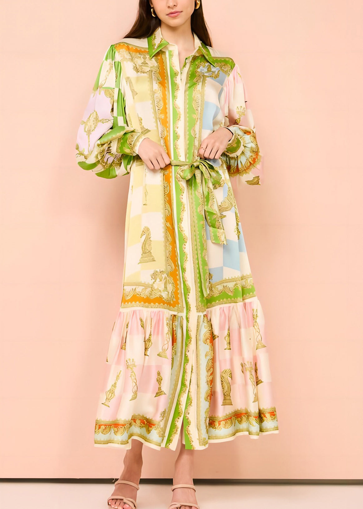 Tie Button DIY Maxi Green Dress Lantern Collar Peter Pan Waist