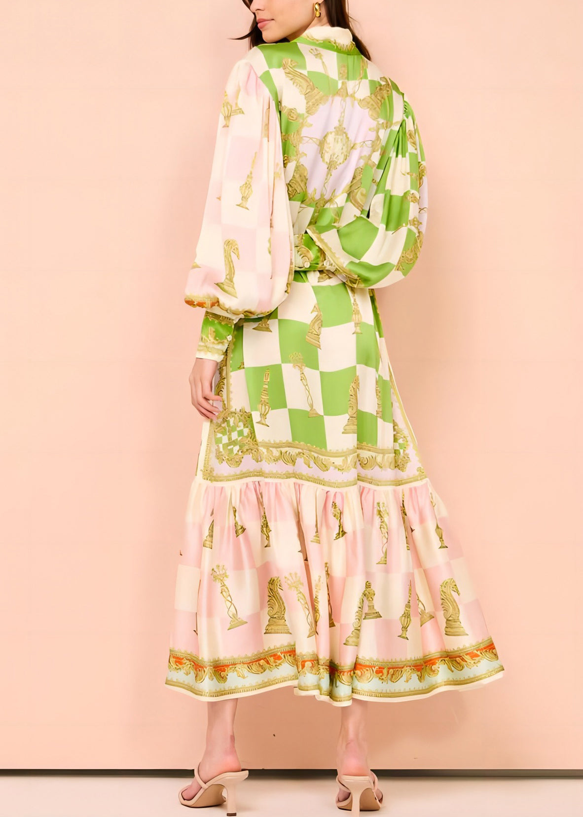 Tie Button DIY Maxi Green Dress Lantern Collar Peter Pan Waist