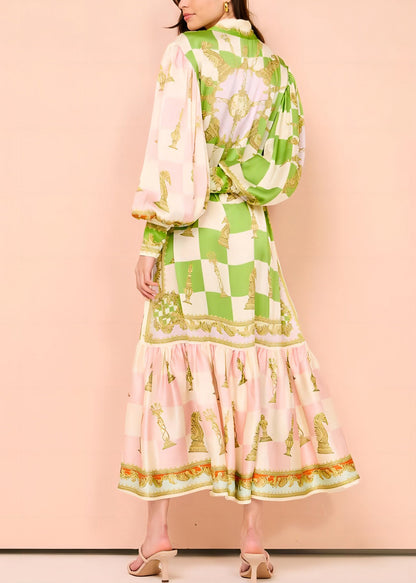 Tie Button DIY Maxi Green Dress Lantern Collar Peter Pan Waist