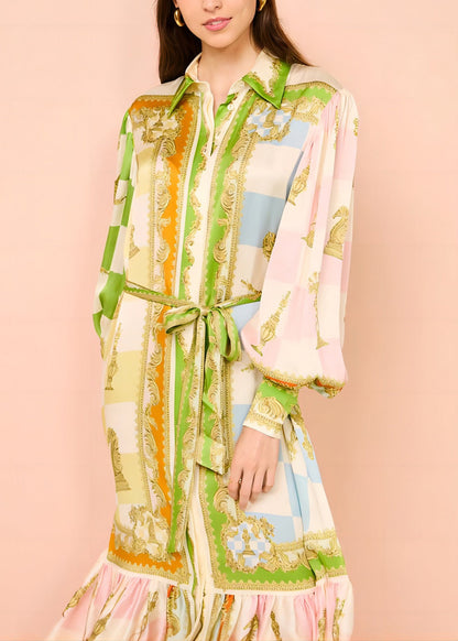 Tie Button DIY Maxi Green Dress Lantern Collar Peter Pan Waist