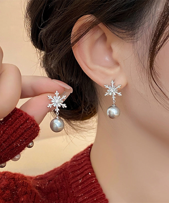 DIY Grey Copper Snowflake Pearl Drop Earrings RB023