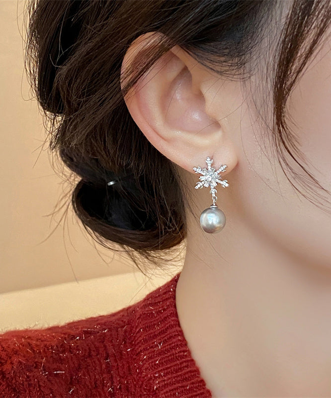 DIY Grey Copper Snowflake Pearl Drop Earrings RB023