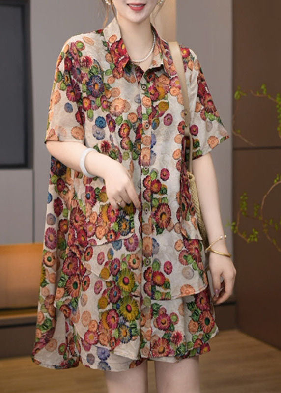 DIY Khaki Oversized Print Chiffon Two Pieces Set Summer YY007