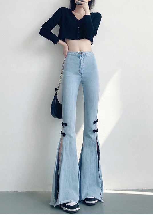 DIY Light Blue Chinese Button Side Open Denim Flare Bottoms Spring YF019