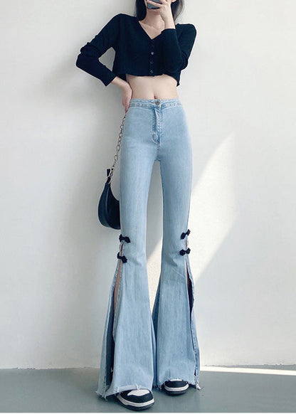 DIY Light Blue Chinese Button Side Open Denim Flare Bottoms Spring YF019